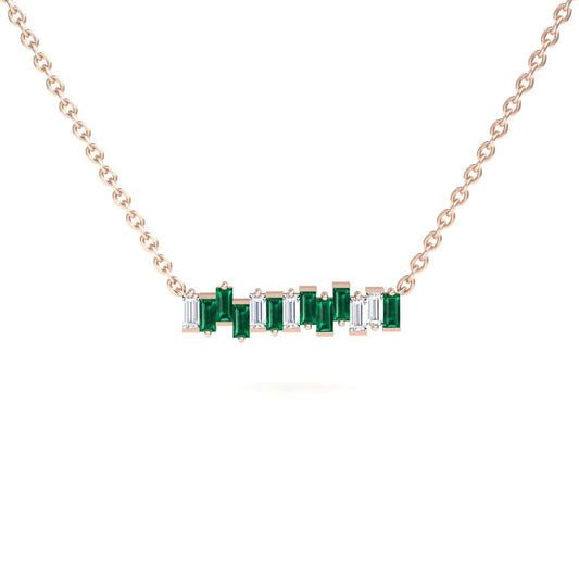 The Lab Grown Emerald & Diamond Geometric Bar Necklace - Fernanda features a gold chain with a horizontal bar pendant set with alternating green emerald and clear diamond stones, showcased against a white background.