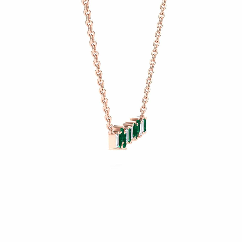 The Lab Grown Emerald & Diamond Geometric Bar Necklace - Fernanda features five rectangular green gemstones set in a rose gold chain, displayed against a white background.