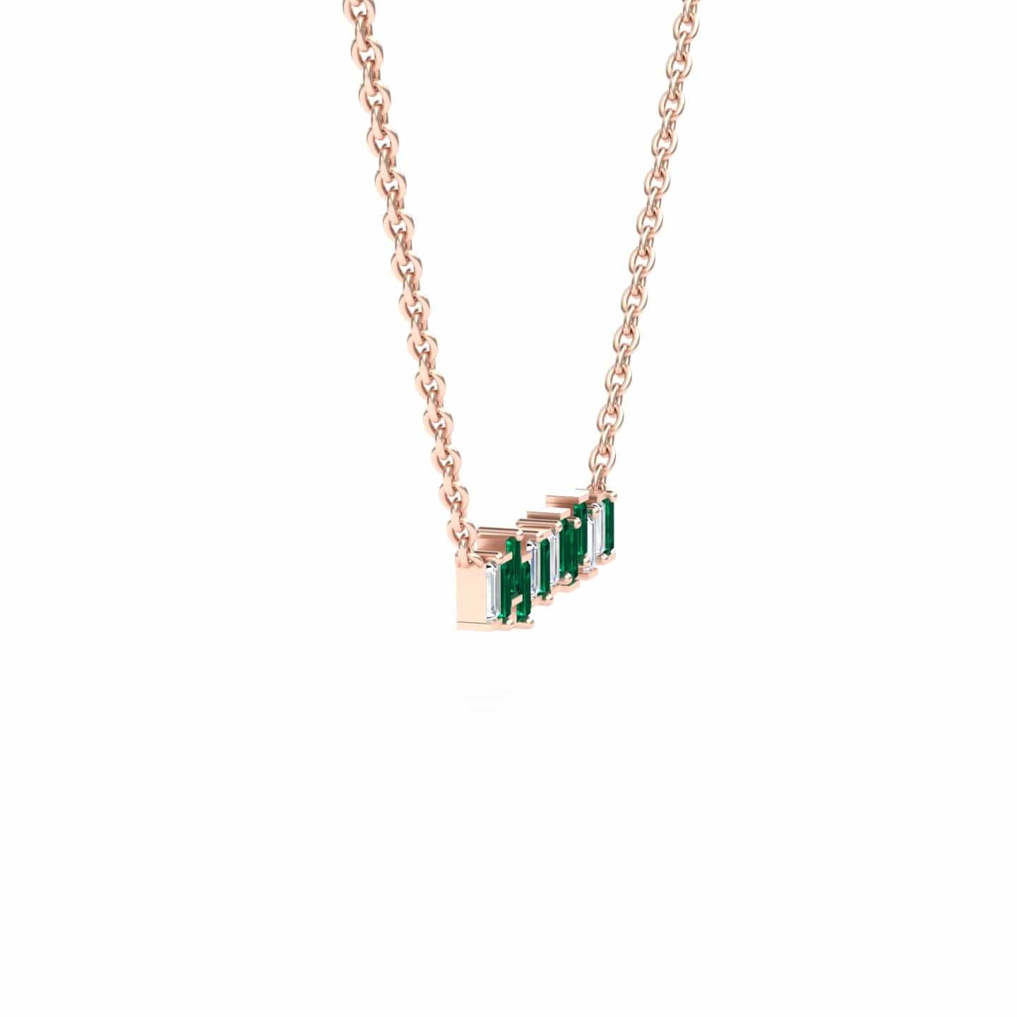 The Lab Grown Emerald & Diamond Geometric Bar Necklace - Fernanda features five rectangular green gemstones set in a rose gold chain, displayed against a white background.