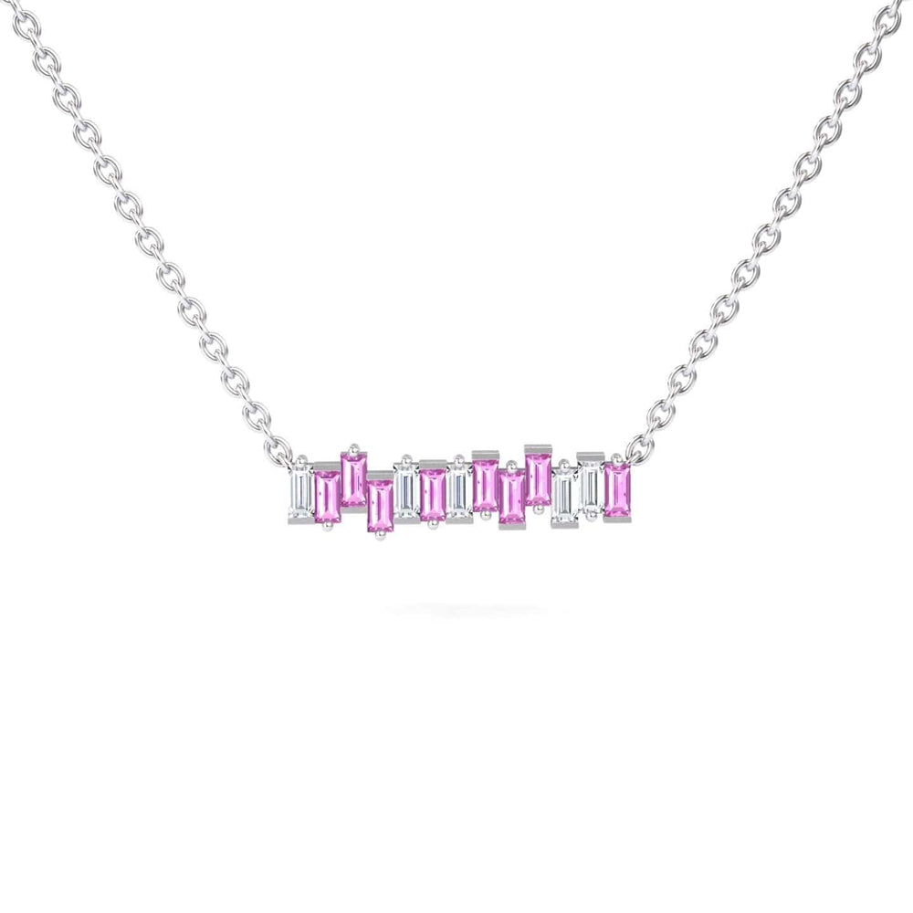 The Lab Grown Pink Sapphire & Diamond Geometric Bar Necklace - Fernanda showcases a silver chain with a horizontal bar pendant featuring alternating rectangular pink and clear stones, displayed on a white background.