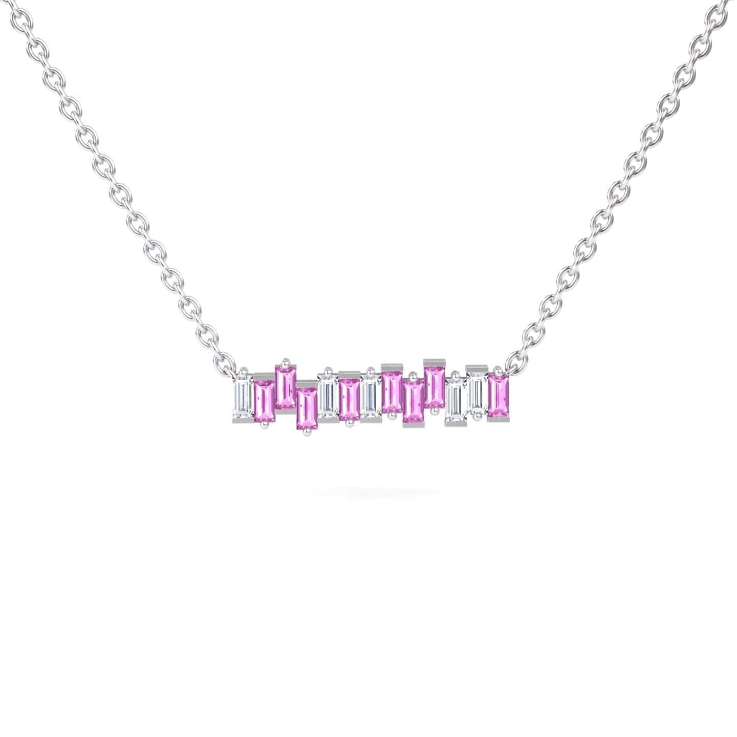 The Lab Grown Pink Sapphire & Diamond Geometric Bar Necklace - Fernanda showcases a silver chain with a horizontal bar pendant featuring alternating rectangular pink and clear stones, displayed on a white background.