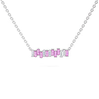 The Lab Grown Pink Sapphire & Diamond Geometric Bar Necklace - Fernanda showcases a silver chain with a horizontal bar pendant featuring alternating rectangular pink and clear stones, displayed on a white background.