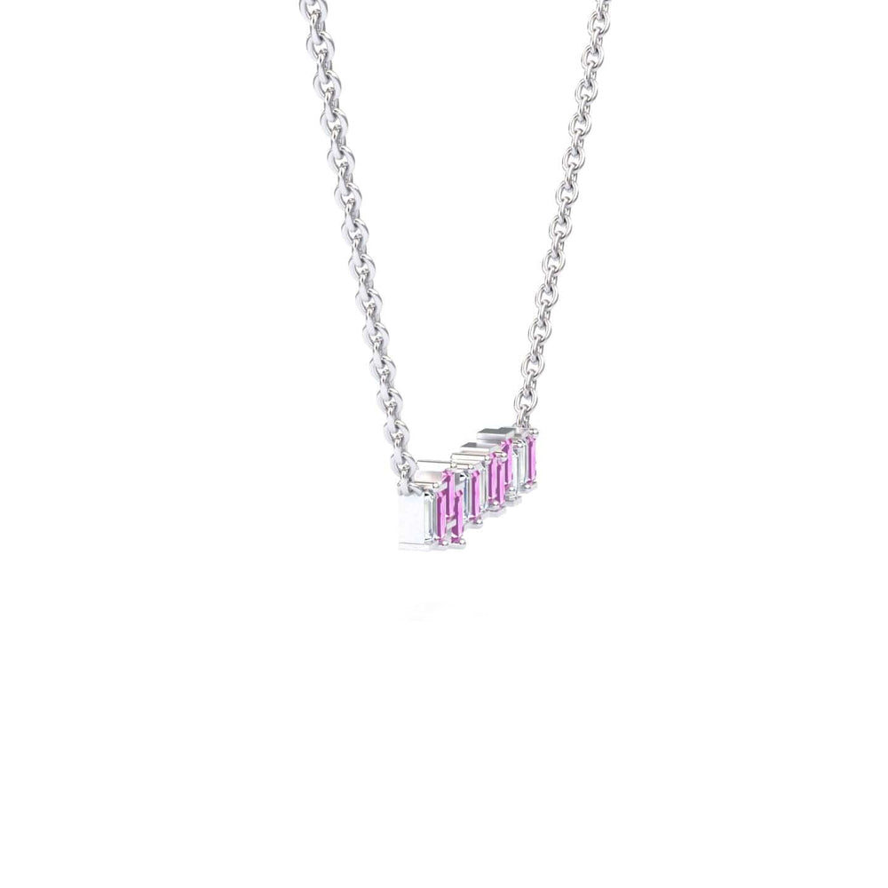 The Lab Grown Pink Sapphire & Diamond Geometric Bar Necklace - Fernanda features five rectangular pink sapphires set in a row on a silver chain, displayed against a plain white background.