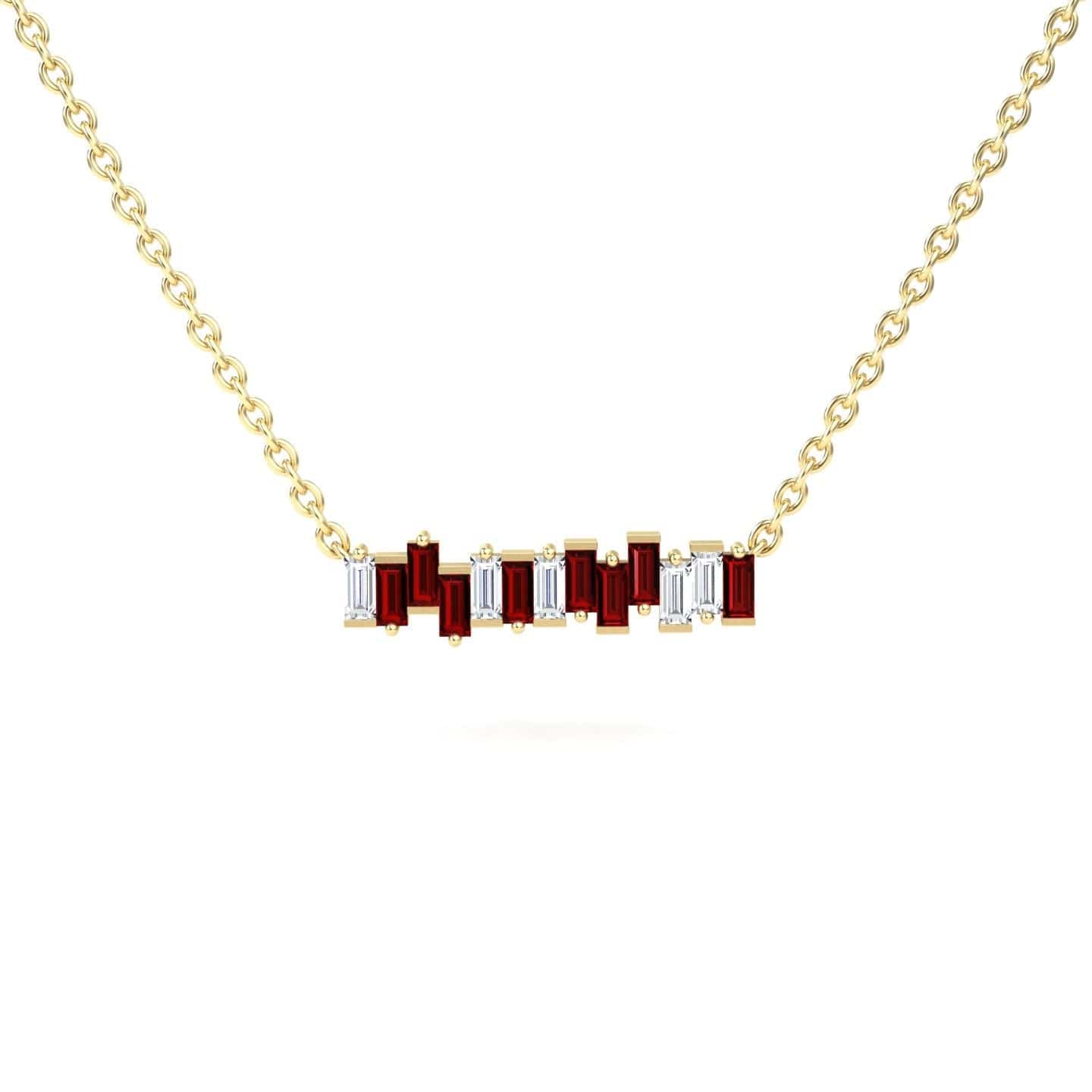 The Lab Grown Ruby & Diamond Geometric Bar Necklace - Fernanda features a gold chain and a rectangular pendant with alternating vertical red lab-grown rubies and white diamonds in a modern geometric design.
