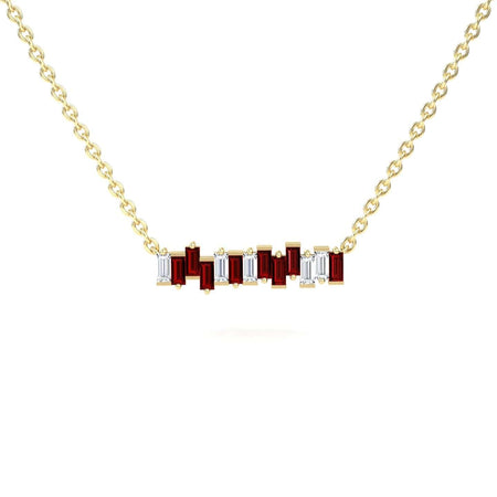 The Lab Grown Ruby & Diamond Geometric Bar Necklace - Fernanda features a gold chain and a rectangular pendant with alternating vertical red lab-grown rubies and white diamonds in a modern geometric design.