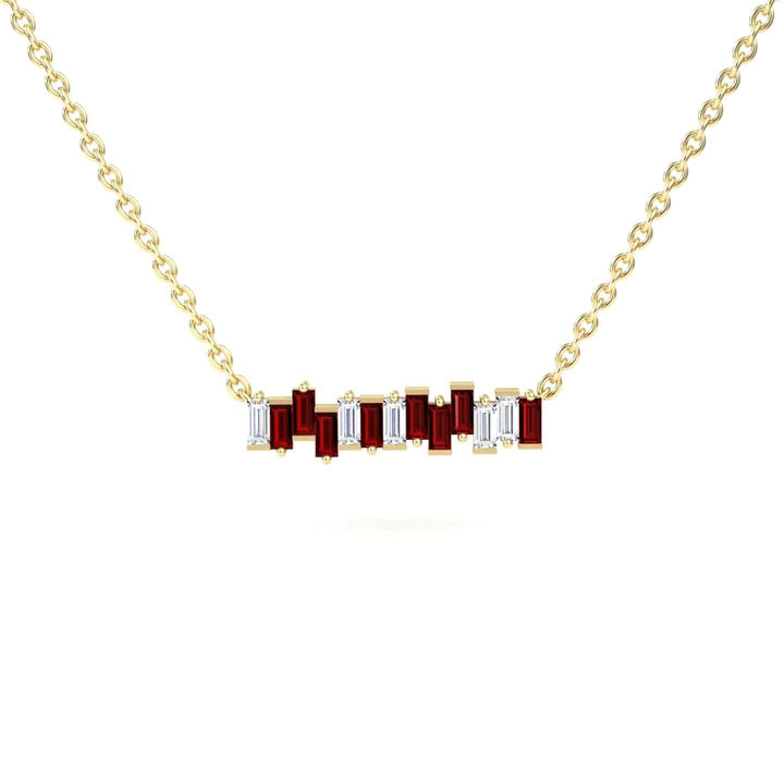The Lab Grown Ruby & Diamond Geometric Bar Necklace - Fernanda features a gold chain and a rectangular pendant with alternating vertical red lab-grown rubies and white diamonds in a modern geometric design.