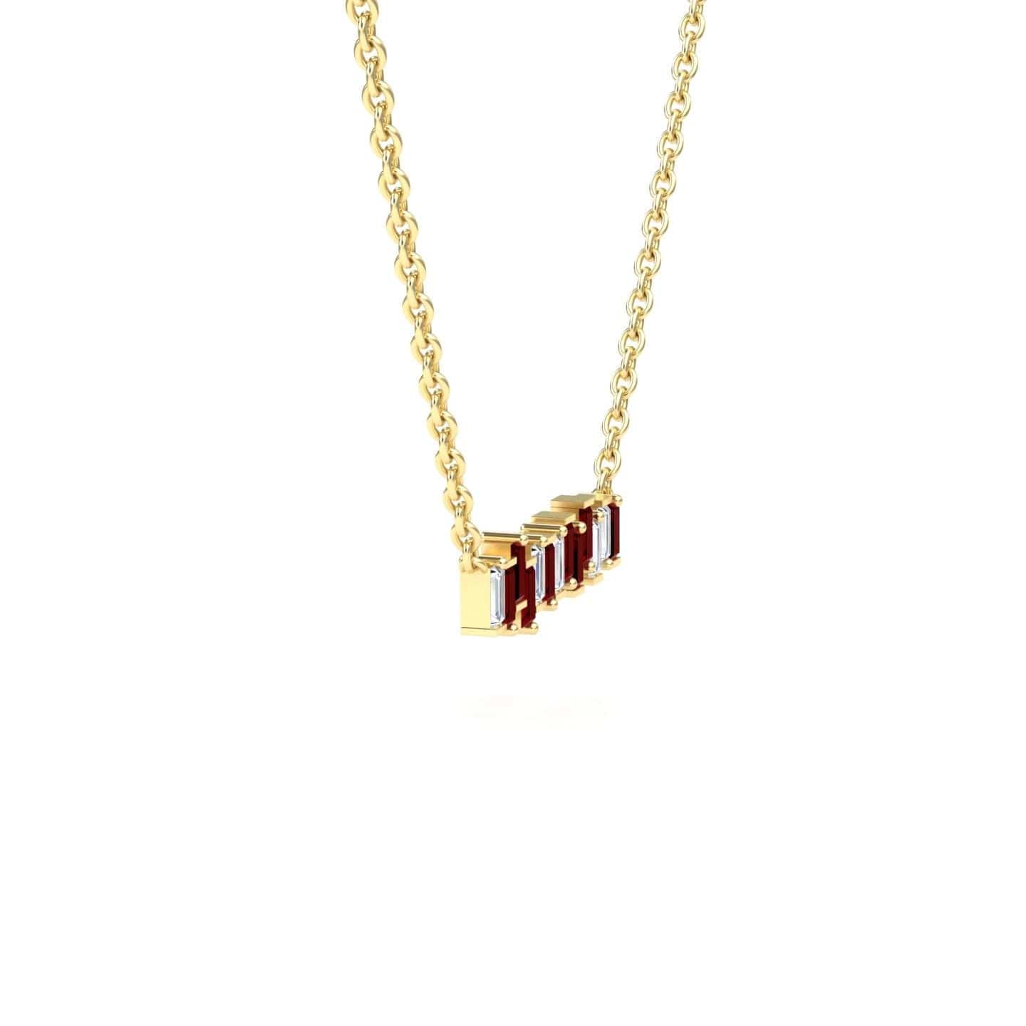 The Lab Grown Ruby & Diamond Geometric Bar Necklace - Fernanda features five rectangular red lab-grown rubies set in a horizontal gold bar, displayed against a plain white background.