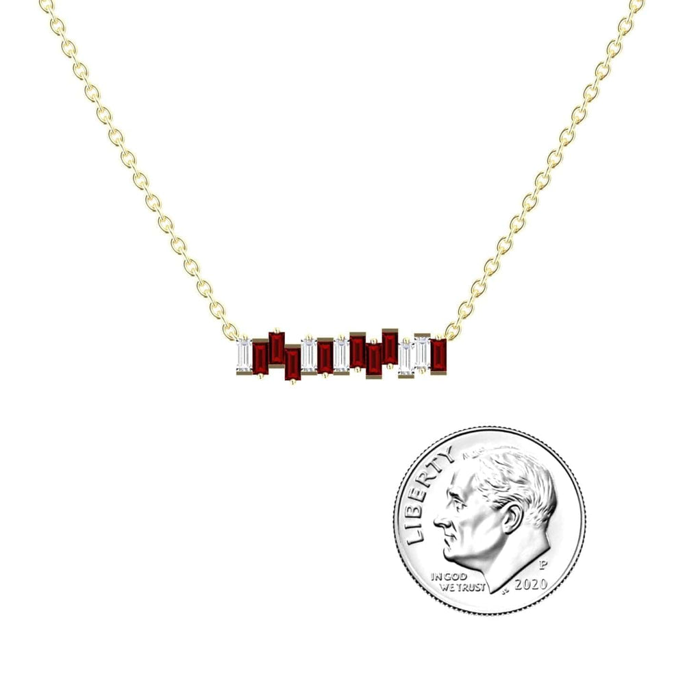 The Lab Grown Ruby & Diamond Geometric Bar Necklace - Fernanda features a gold chain with a horizontal row of rectangular red and clear stones, shown beside a 2020 US dime for size reference.