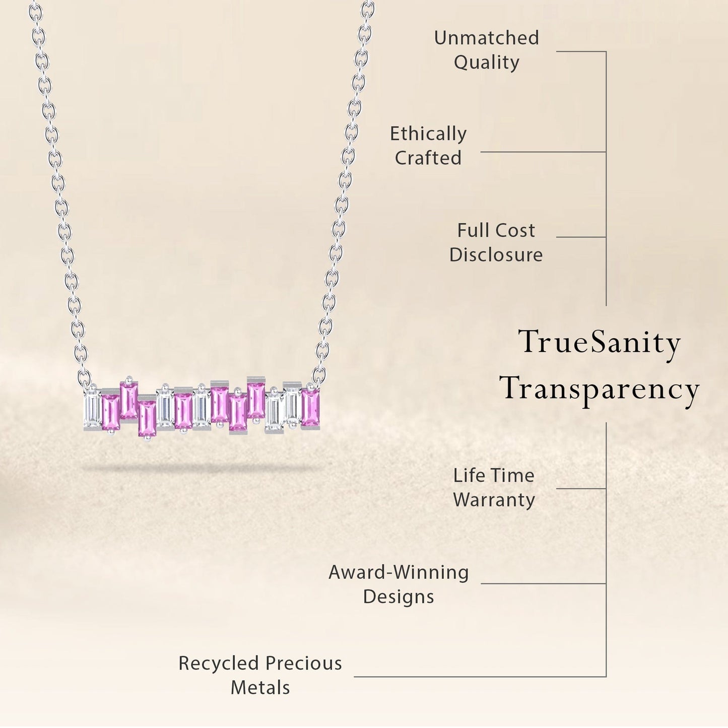 The Lab Grown Pink Sapphire & Diamond Geometric Bar Necklace - Fernanda features alternating pink and white stones, unmatched quality, ethical crafting, transparent pricing, recycled metals, a lifetime warranty, and award-winning design.