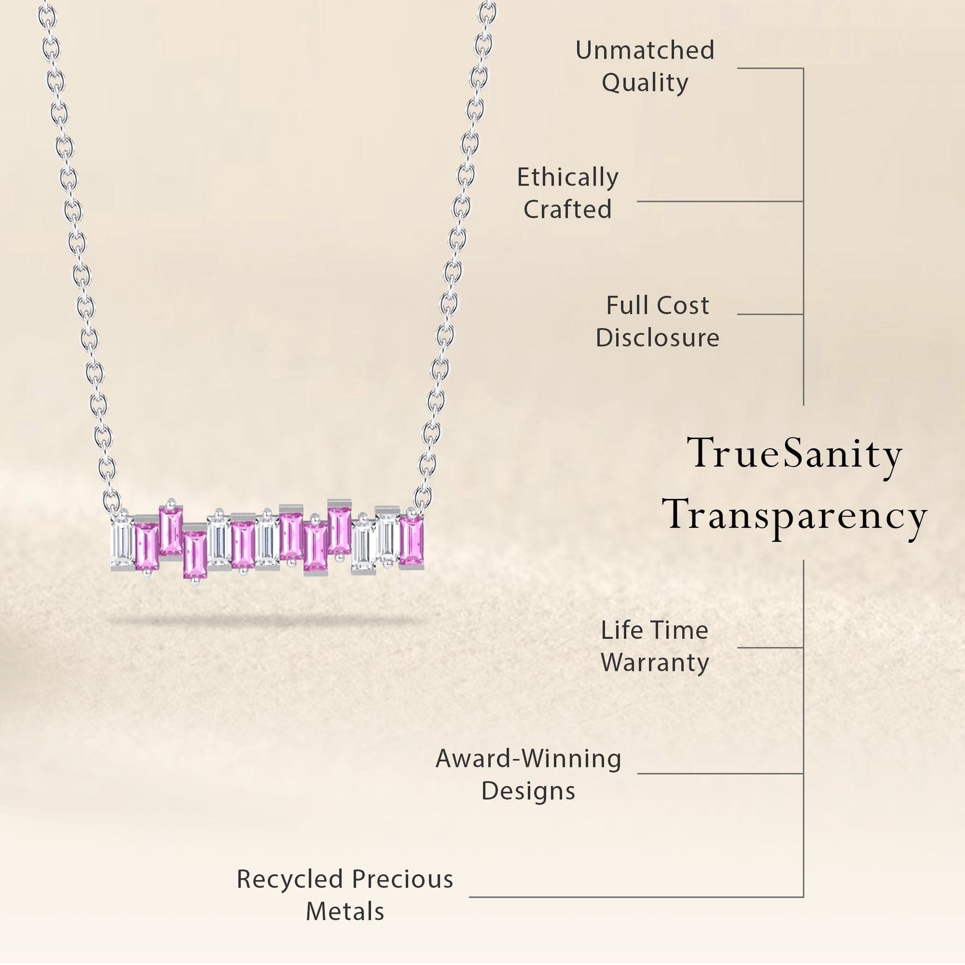 The Lab Grown Pink Sapphire & Diamond Geometric Bar Necklace - Fernanda features alternating pink and white stones, unmatched quality, ethical crafting, transparent pricing, recycled metals, a lifetime warranty, and award-winning design.