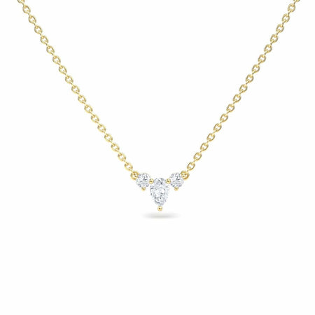 The White Diamond Three-Stone Necklace - Jina features a delicate gold chain with a central pendant of three clustered round diamonds in a subtle triangular shape.