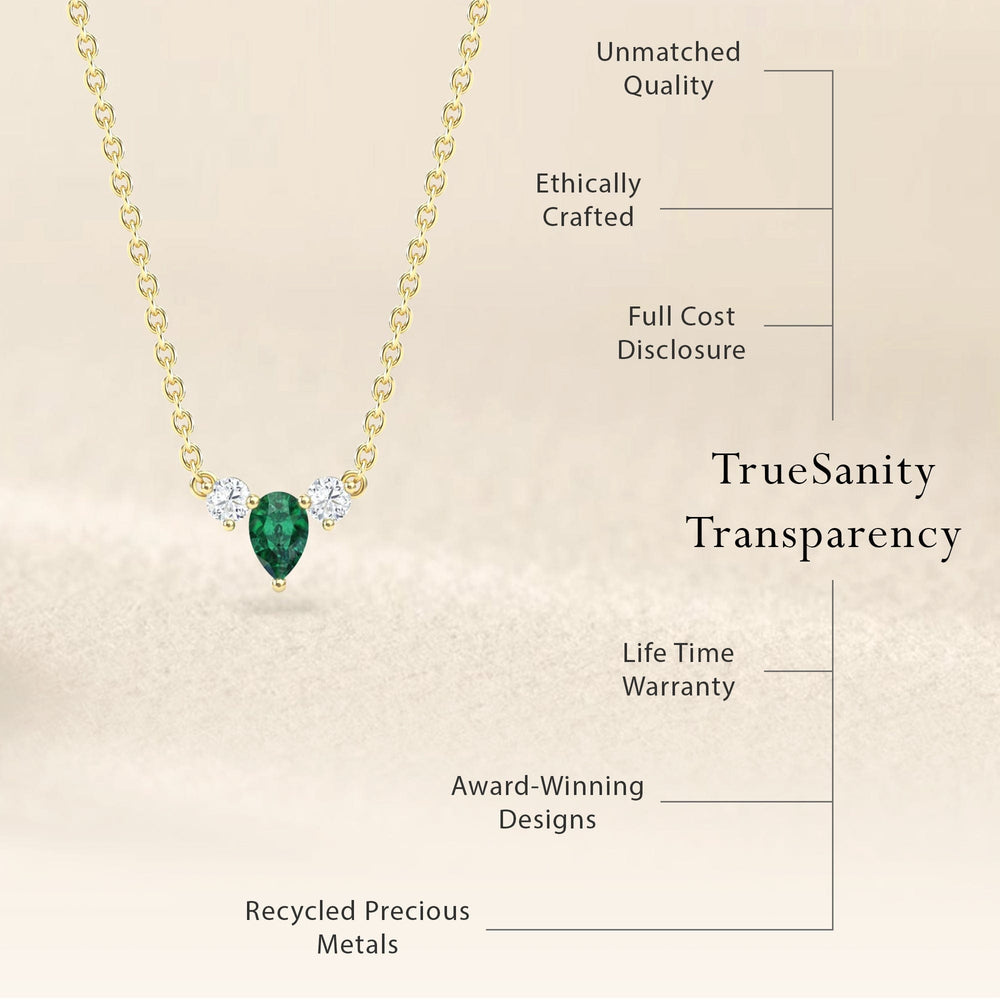 Pear emerald and diamond three-stone necklace, view 6