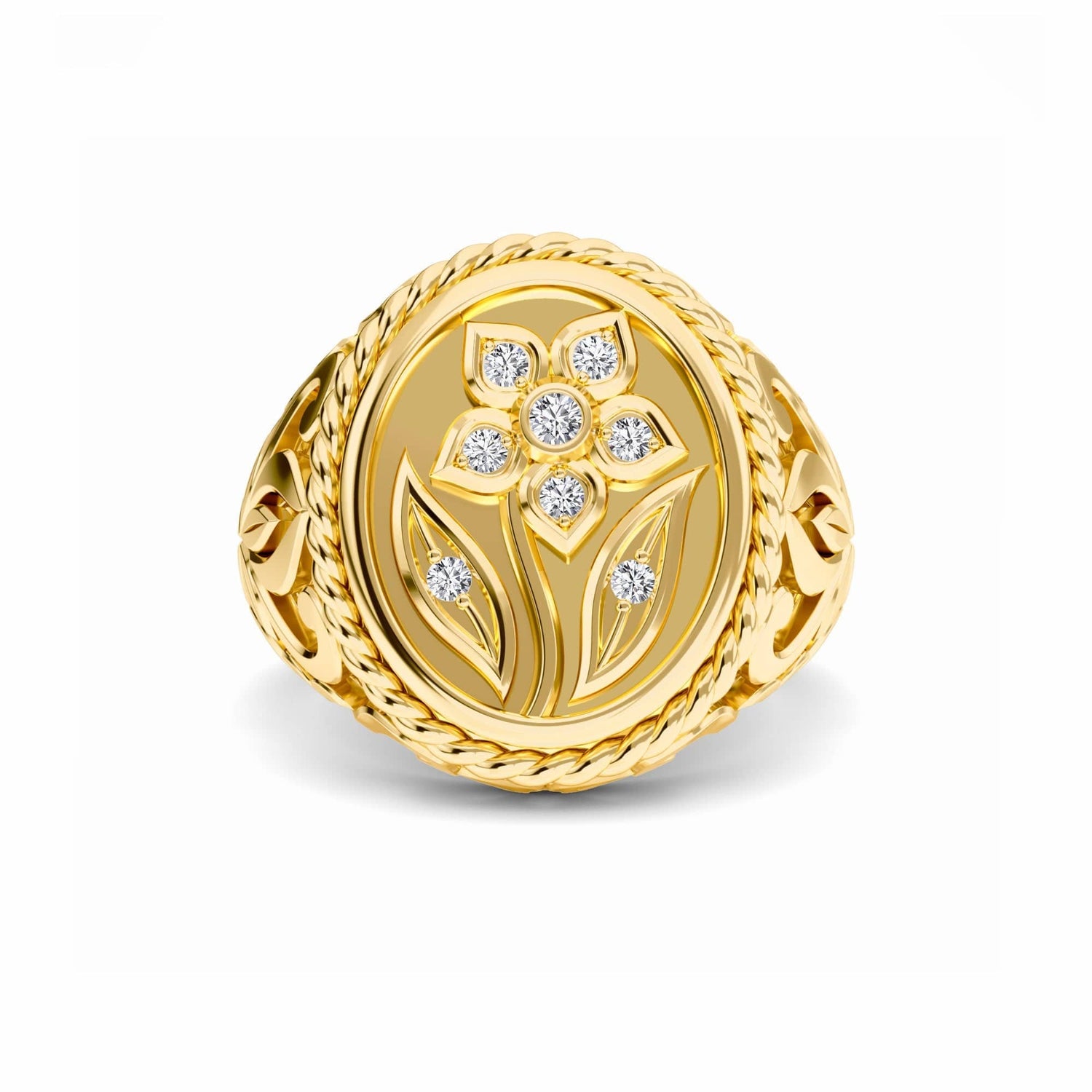 White Diamond Flower Engraved Men's Ring - Shen
