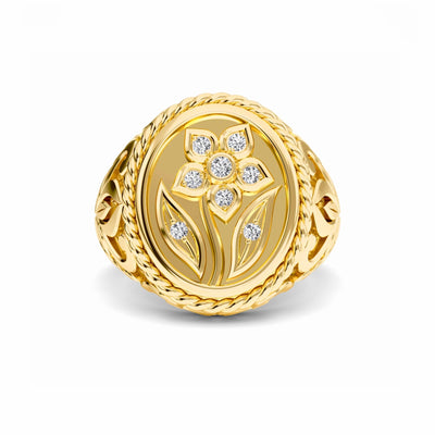 White Diamond Flower Engraved Men's Ring