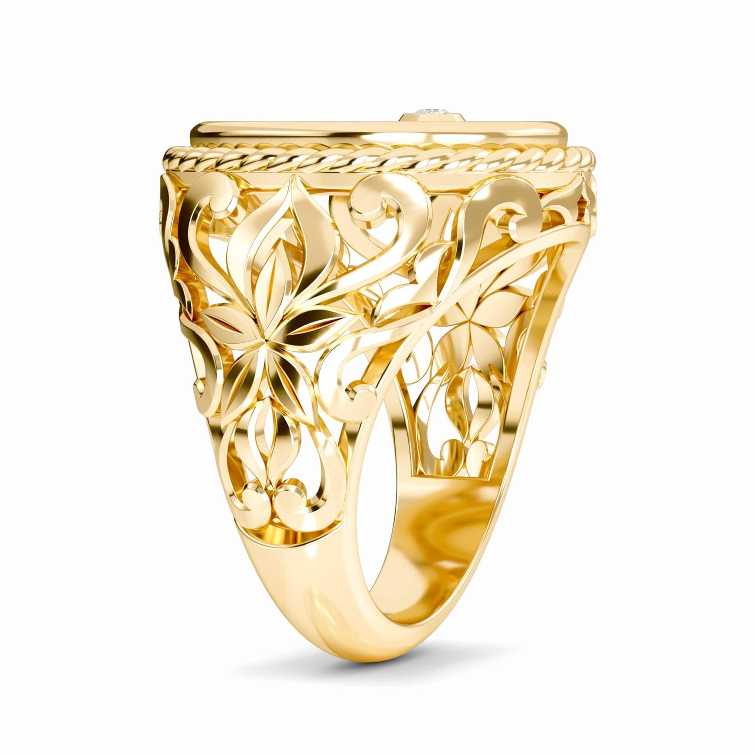 White Diamond Flower Engraved Men's Ring - Shen