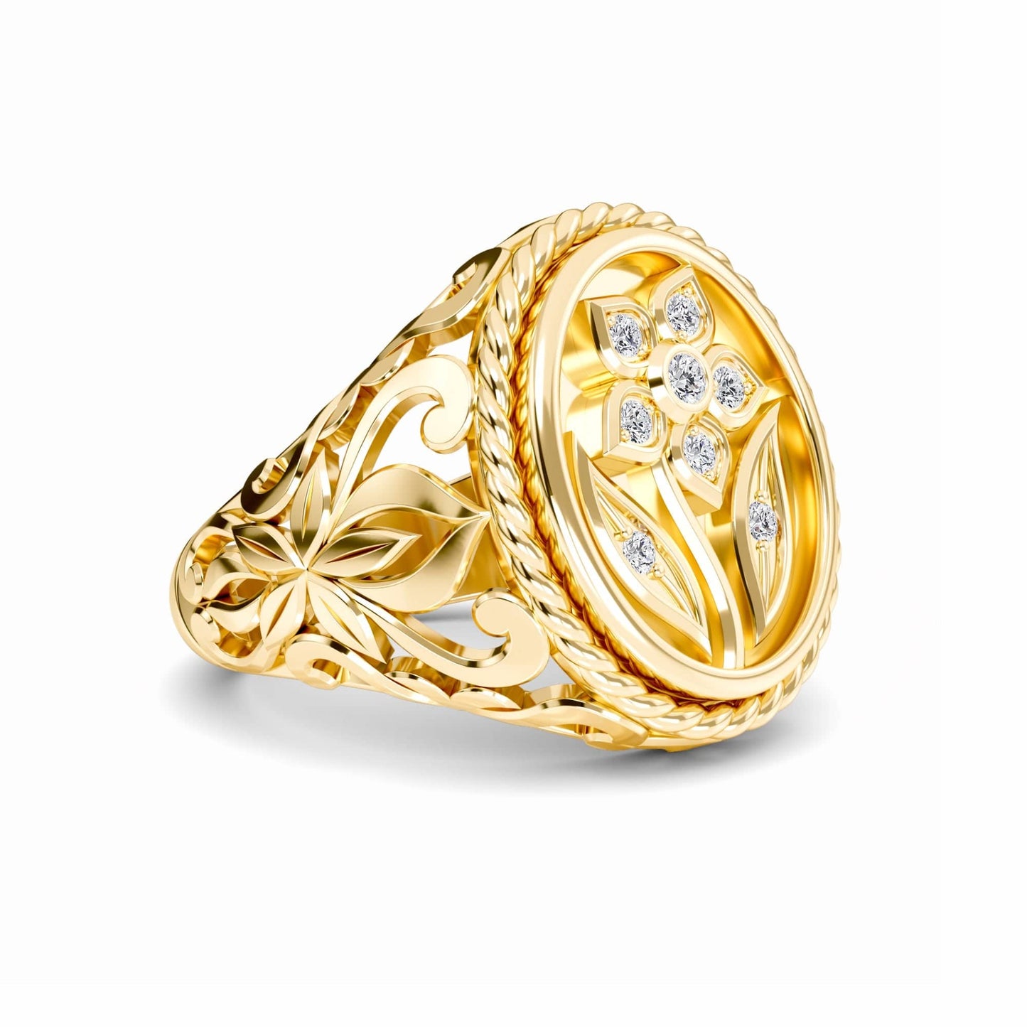 White Diamond Flower Engraved Men's Ring - Shen