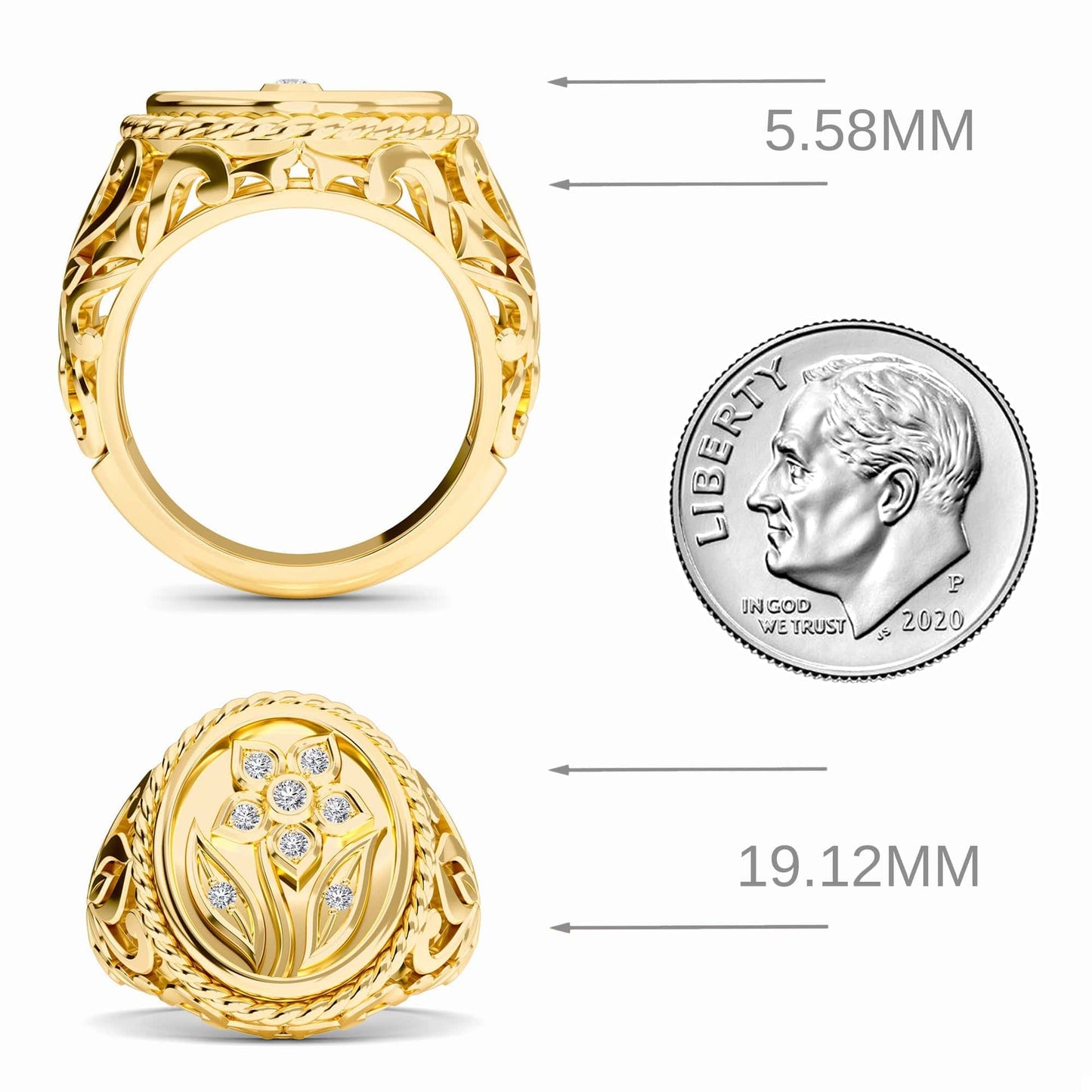 White Diamond Flower Engraved Men's Ring - Shen