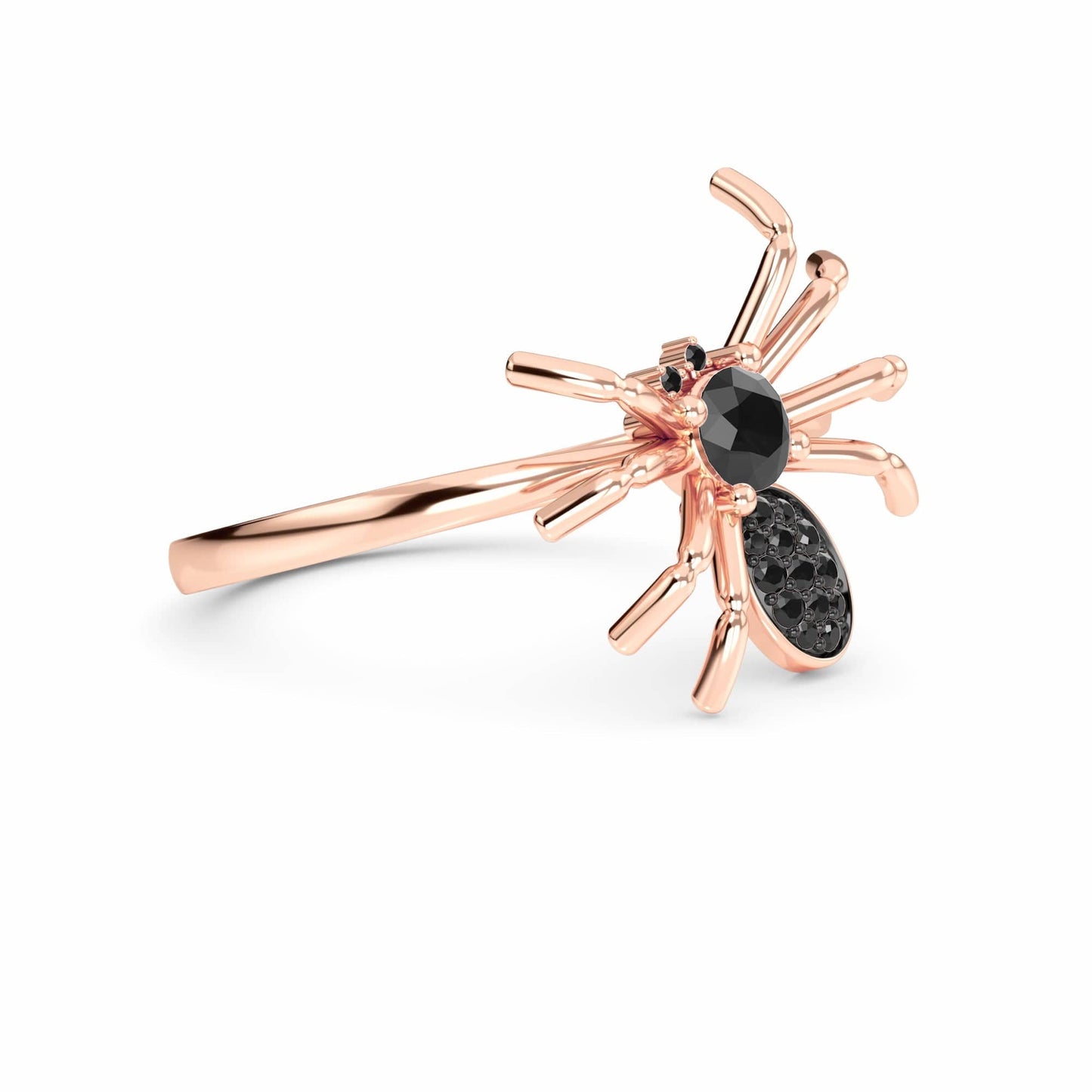 The Black Diamond Spider Statement Ring - Ainsley is a rose gold ring with a spider design and black gemstones on the spiders body, set against a white background.