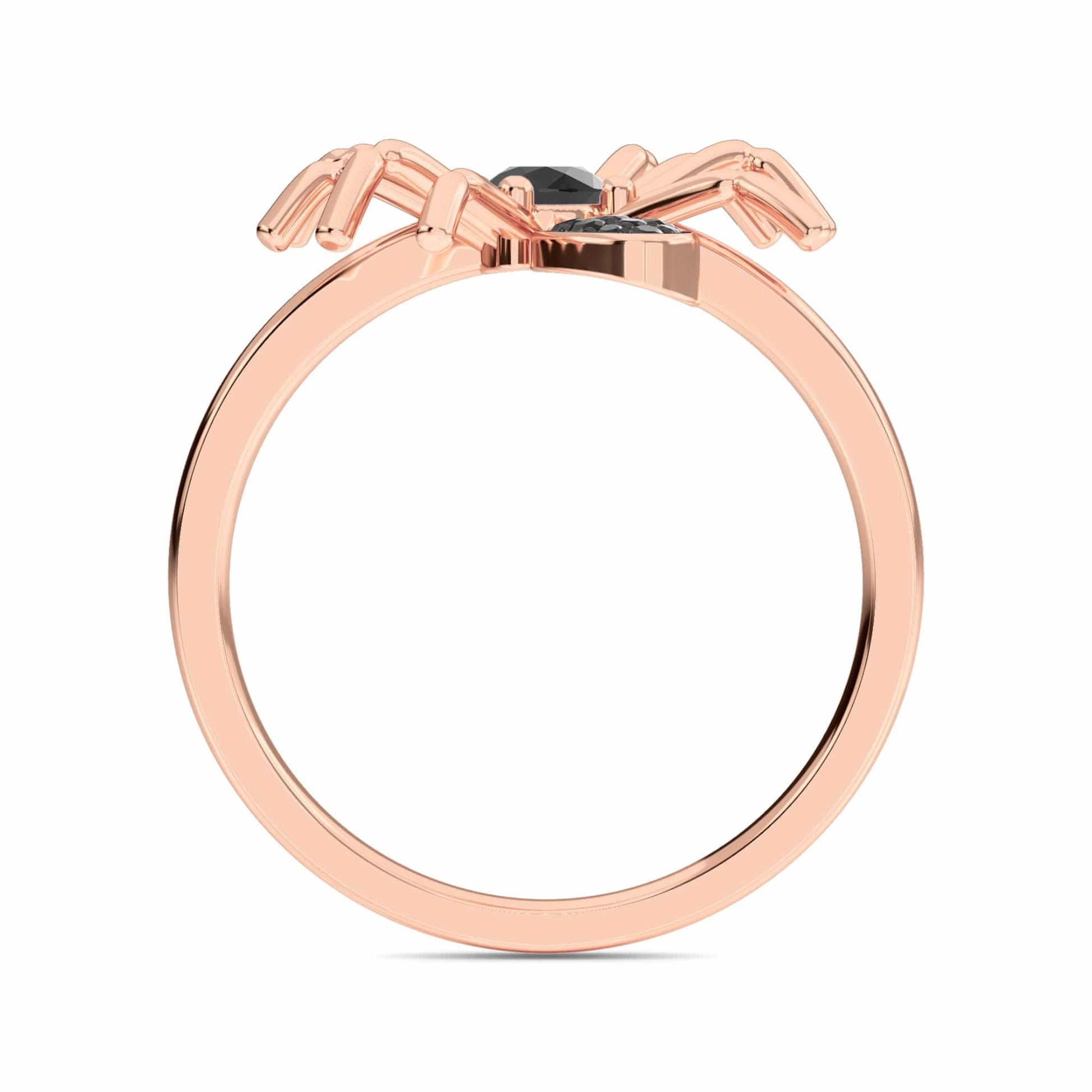 The Black Diamond Spider Statement Ring - Ainsley showcases a black diamond held by spider-shaped prongs in rose gold, displayed from the side on a white background.