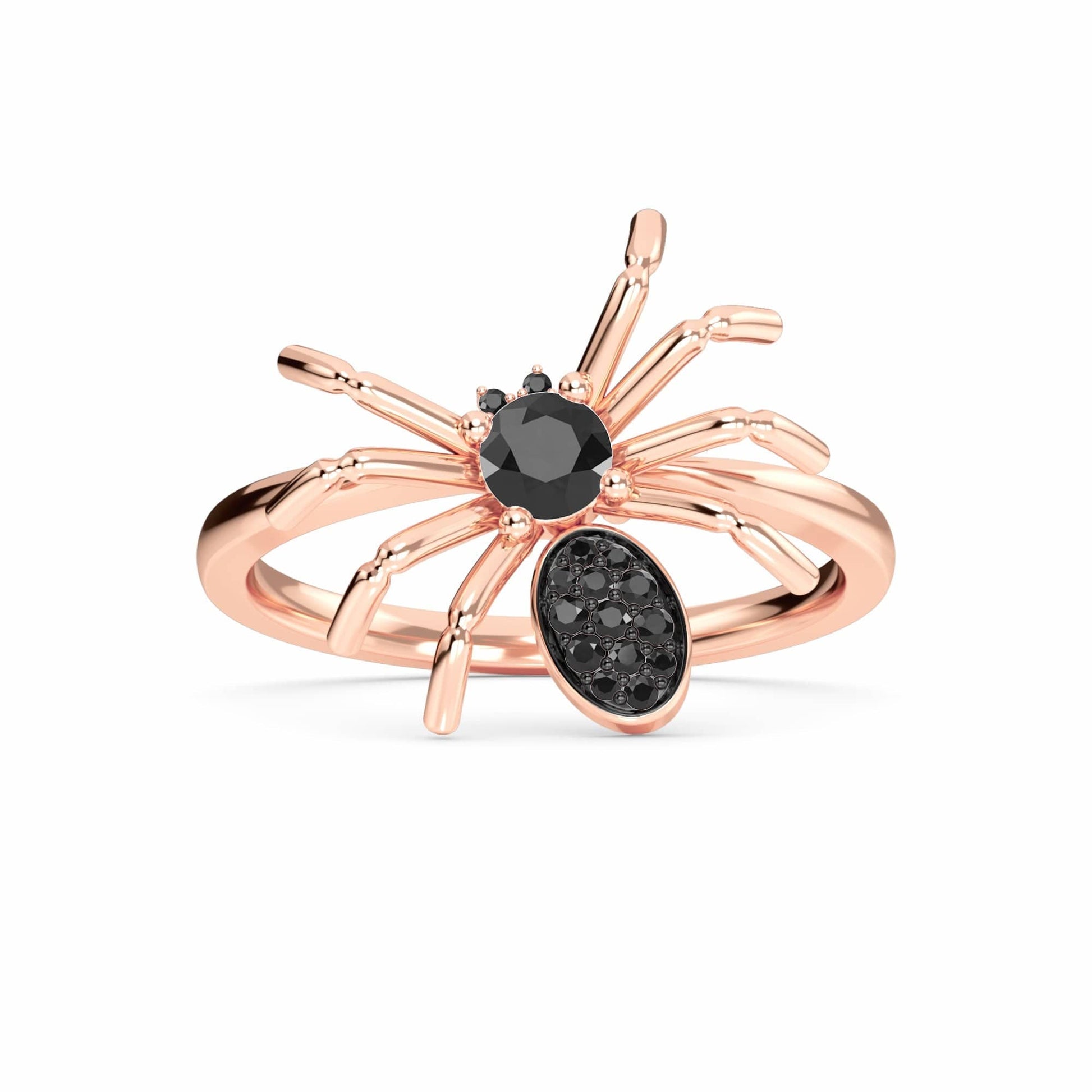 The Ainsley Black Diamond Spider Statement Ring showcases a rose gold band with a spider design, featuring black diamond gemstones in the body and head, displayed on a white background.