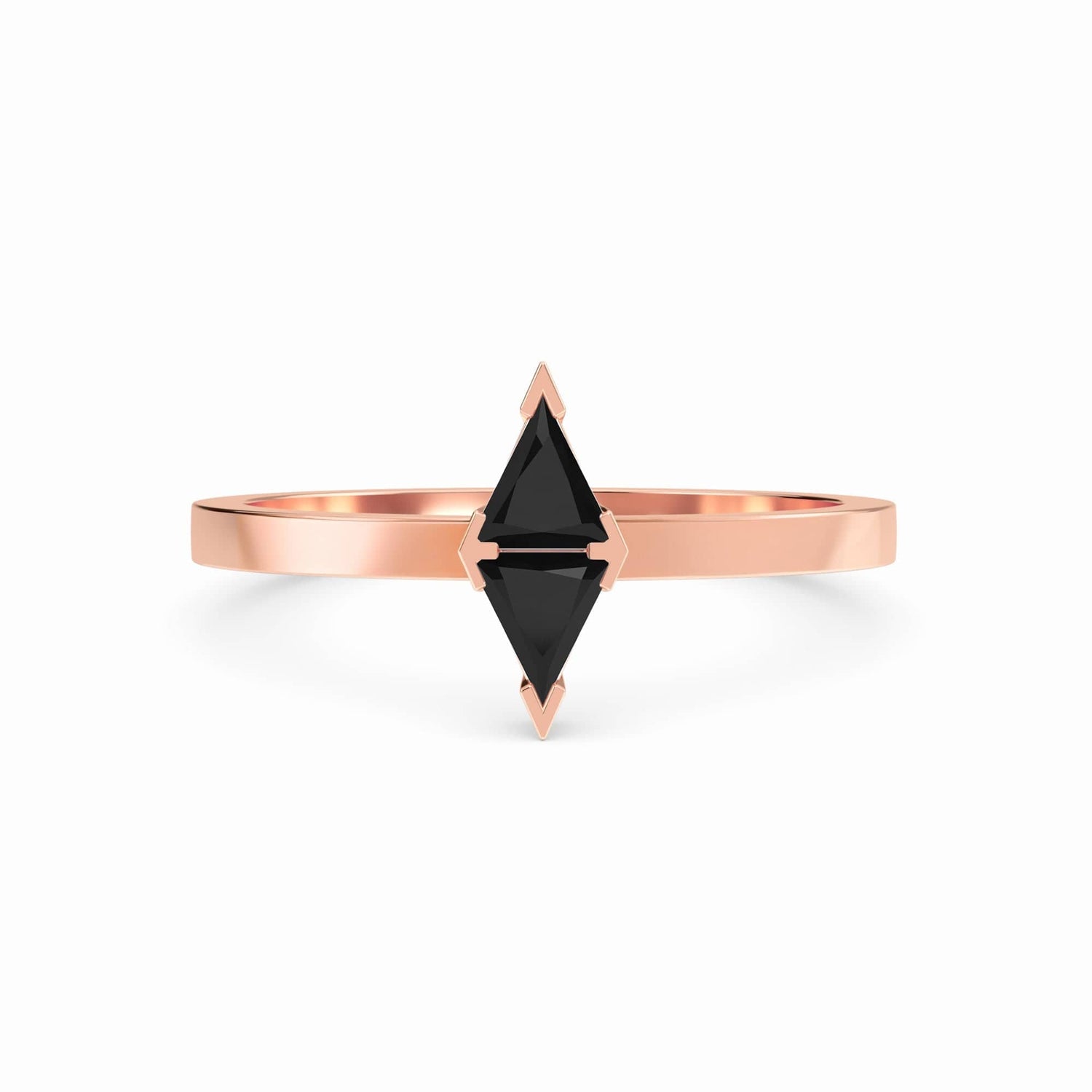 The Black Diamond Triangle Statement Ring - Shalini showcases a geometric black diamond set vertically on a minimalist rose gold band against a white background.