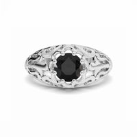 Black Diamond Mens Filigree Ring - Hadley: A silver ring with a large, round black diamond centerpiece and ornate filigree patterns.
