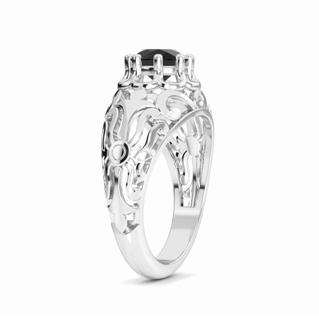 The Hadley Black Diamond Mens Filigree Ring features a large round black diamond set in prongs atop an ornate silver filigree design.