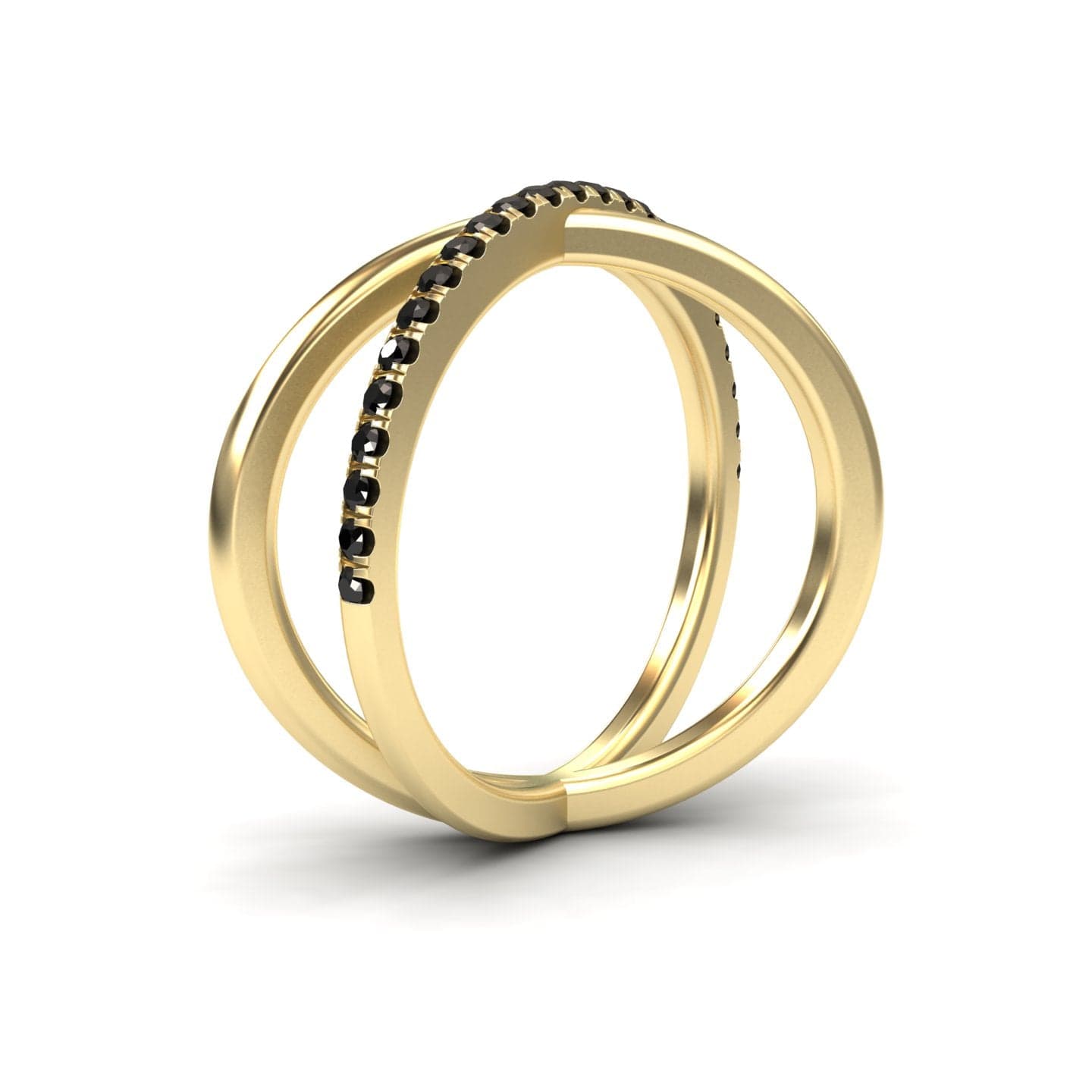 The Trisha Black Diamond Criss-Cross Pave Band Ring features two parallel gold bands joined at the base, with one band accented by a row of black diamonds. Its modern, elegant design stands out against a white background.