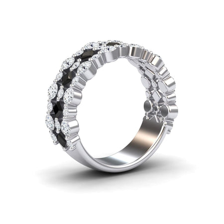 The Black & White Diamond Lace Band Ring - Victoria features alternating black and white diamonds in a double row, creating a sparkling and elegant silver band.