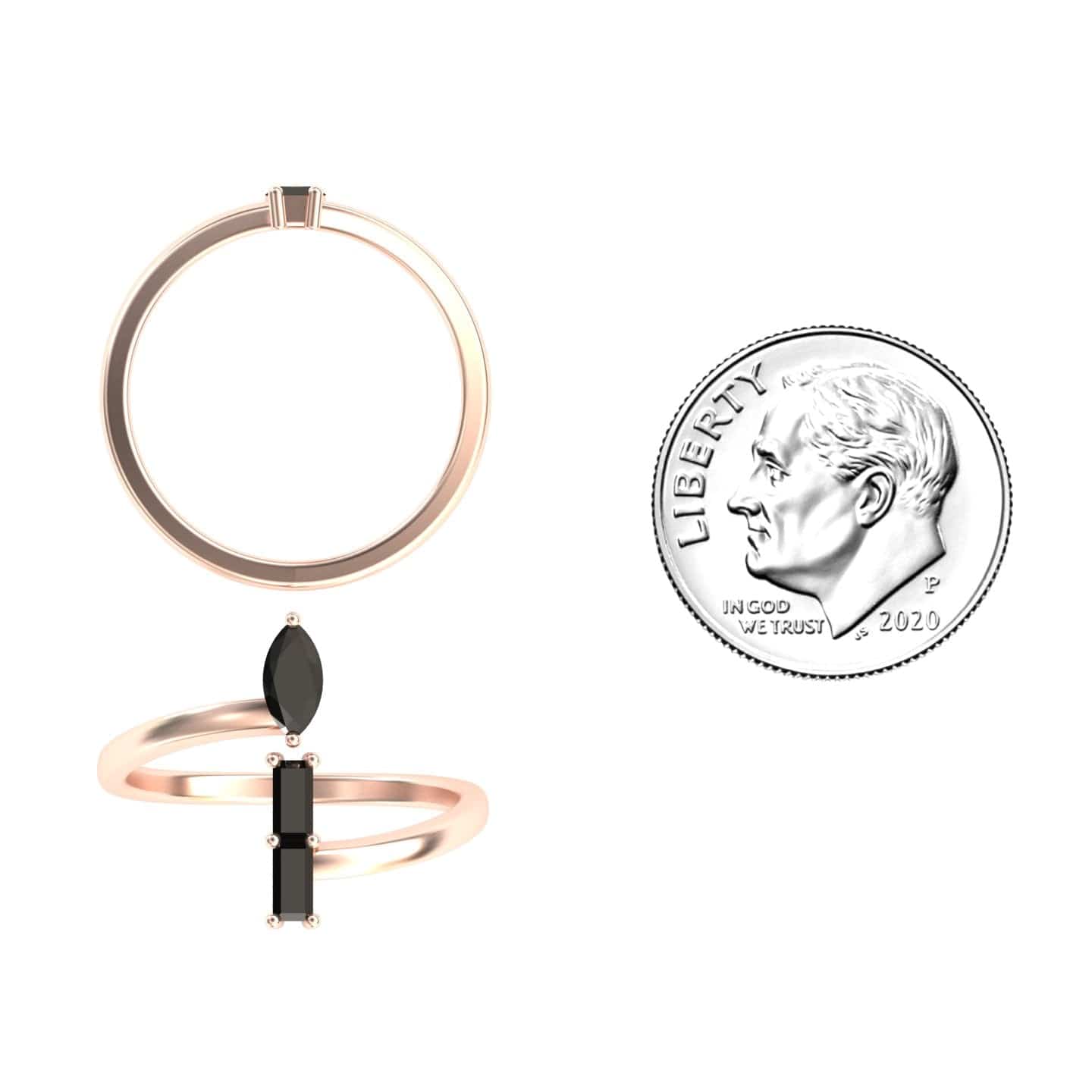 The Statement Shimmer: Black diamonds Mesmerizing Magic - MYSR18 ring is displayed beside a 2020 U.S. dime, showing its size compared to the coin.