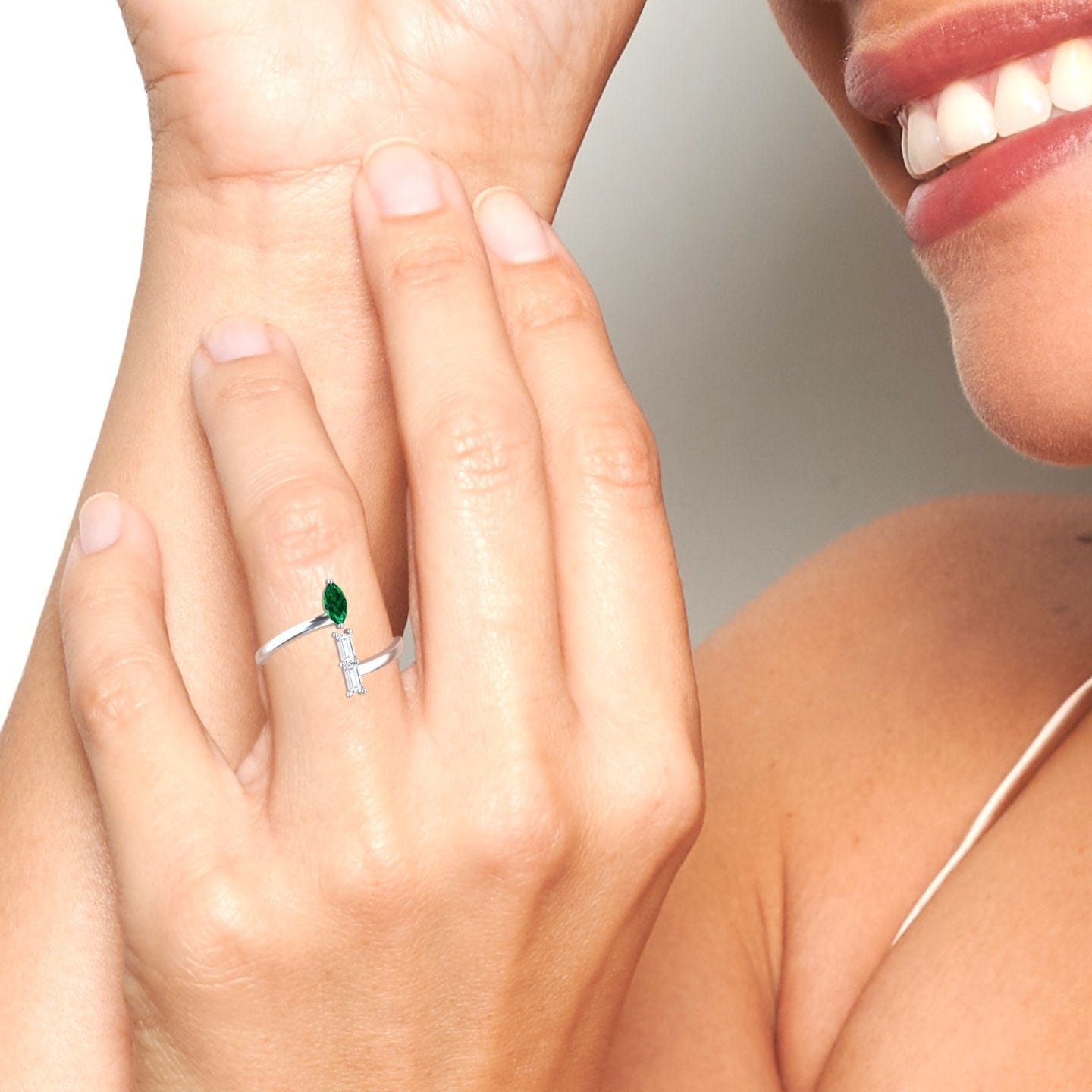 0.23-carat Emerald & Diamond Open Bypass Ring - Yvette in 14K white gold, Yvette style, hand second view