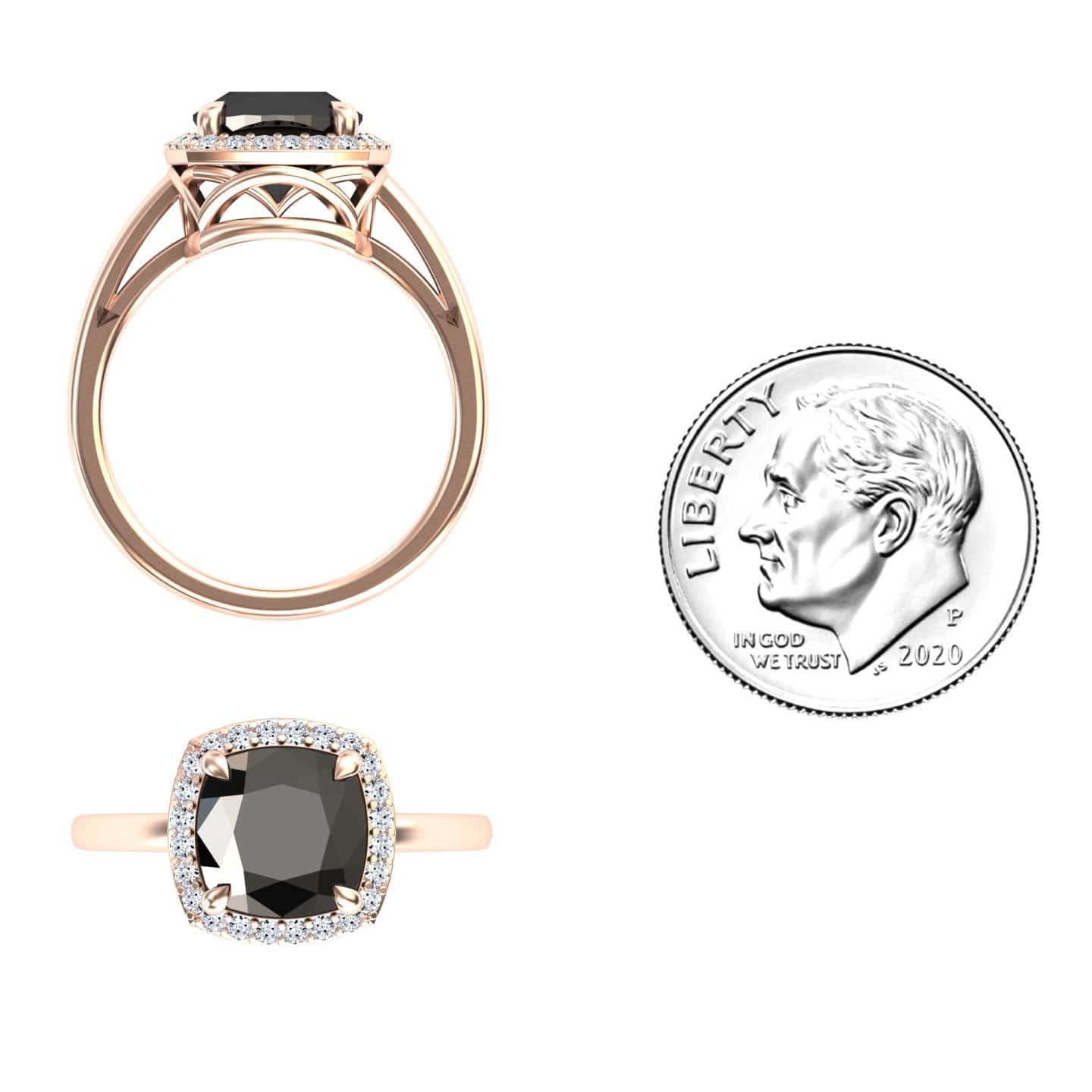 The Black & White Diamond Halo Ring - Ziva, featuring a cushion-cut black gemstone and a halo of small diamonds in rose gold, is shown beside a 2020 US dime for size, with both side and top views displayed.