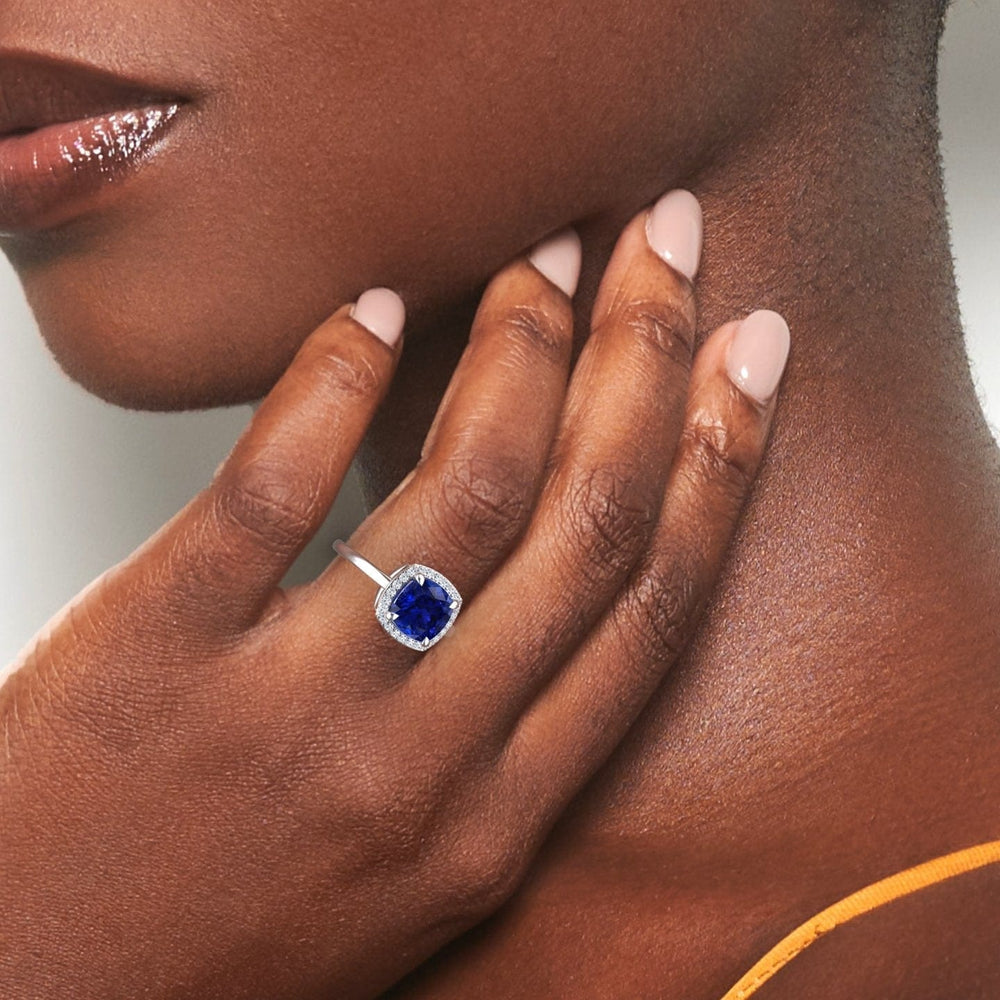 Lab Grown Blue Sapphire & Diamond Halo Ring - Ziva