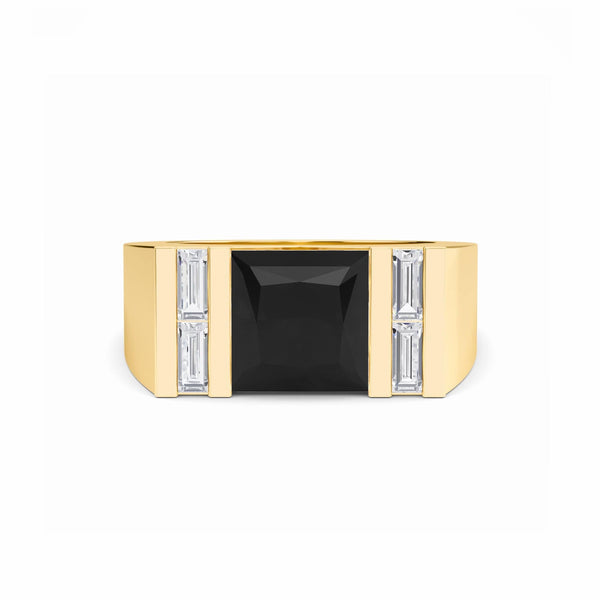 The Casper Black & White Diamond Mens Statement Ring has a large square black gemstone center, with two vertical rows of rectangular white diamonds on each side, shown against a white background.