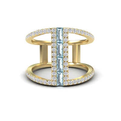 Aquamarine & Diamond Double Band Open Cuff Ring