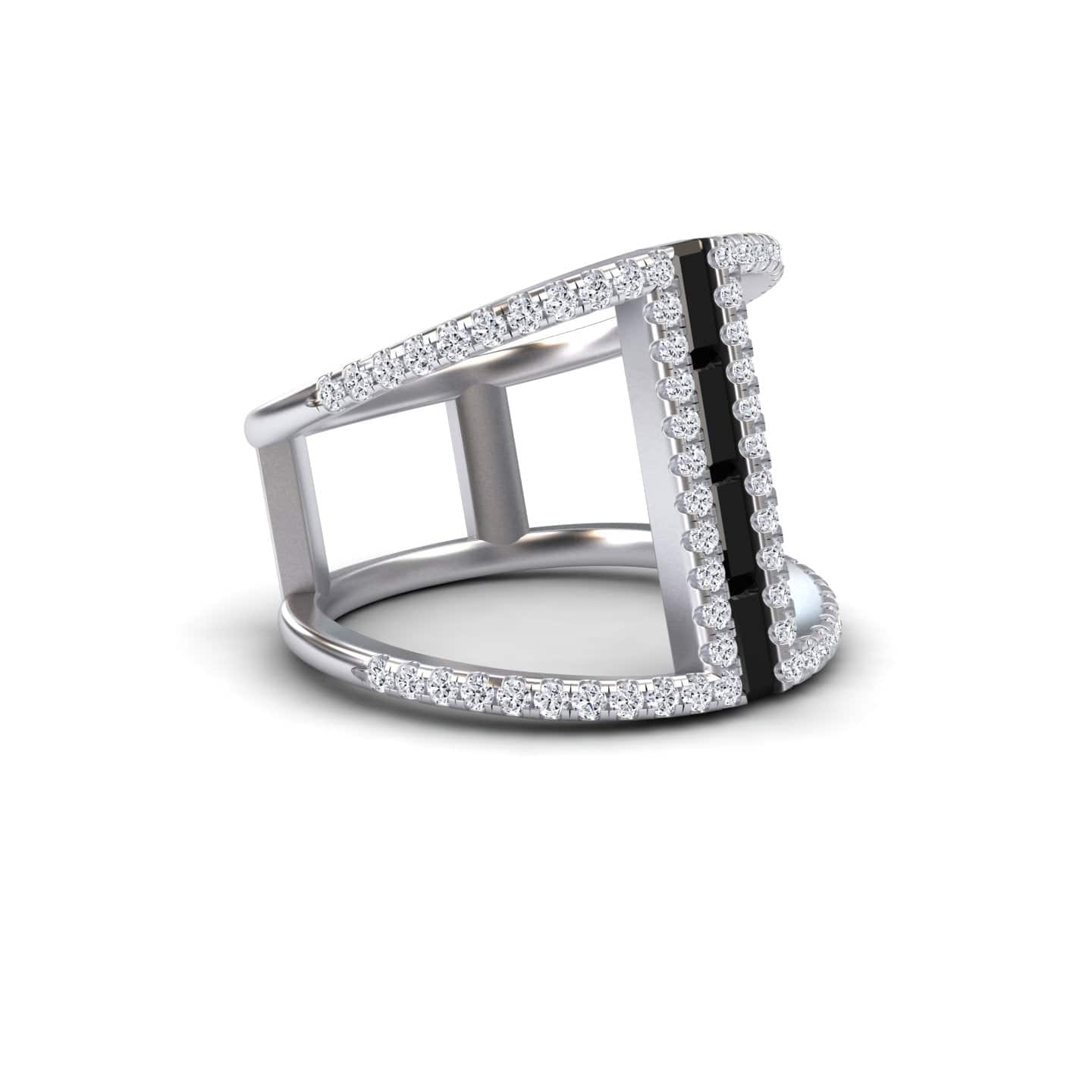 The Black & White Diamond Double Band Open Cuff Ring - Luci features a modern silver look with a geometric open design, two parallel rows of white stones, and a central vertical line of black stones.