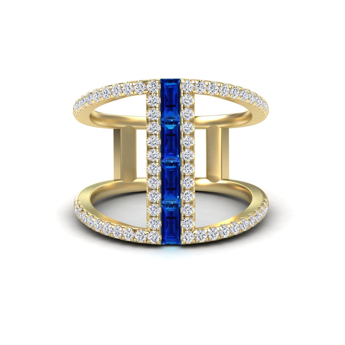 Blue Sapphire & Diamond Double Band Open Cuff Ring - Luci