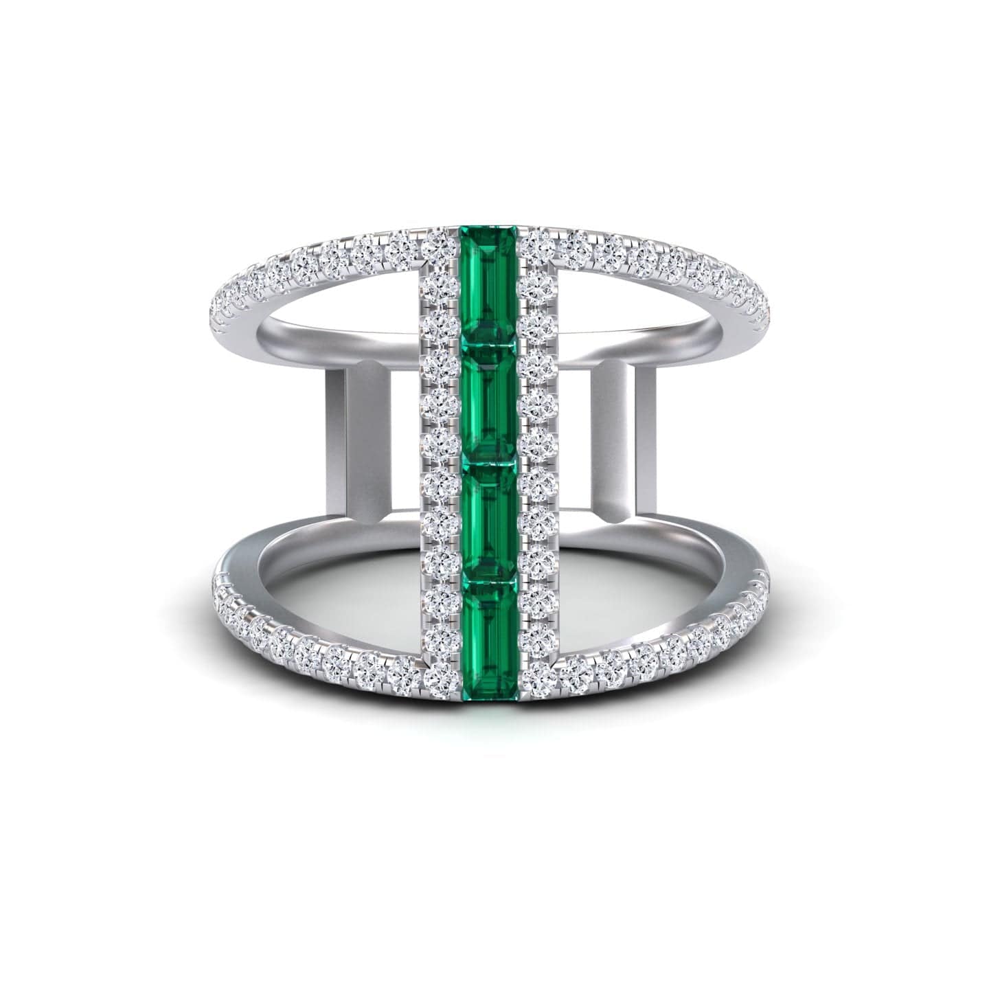 Emerald & Diamond Double Band Open Cuff Ring - Luci