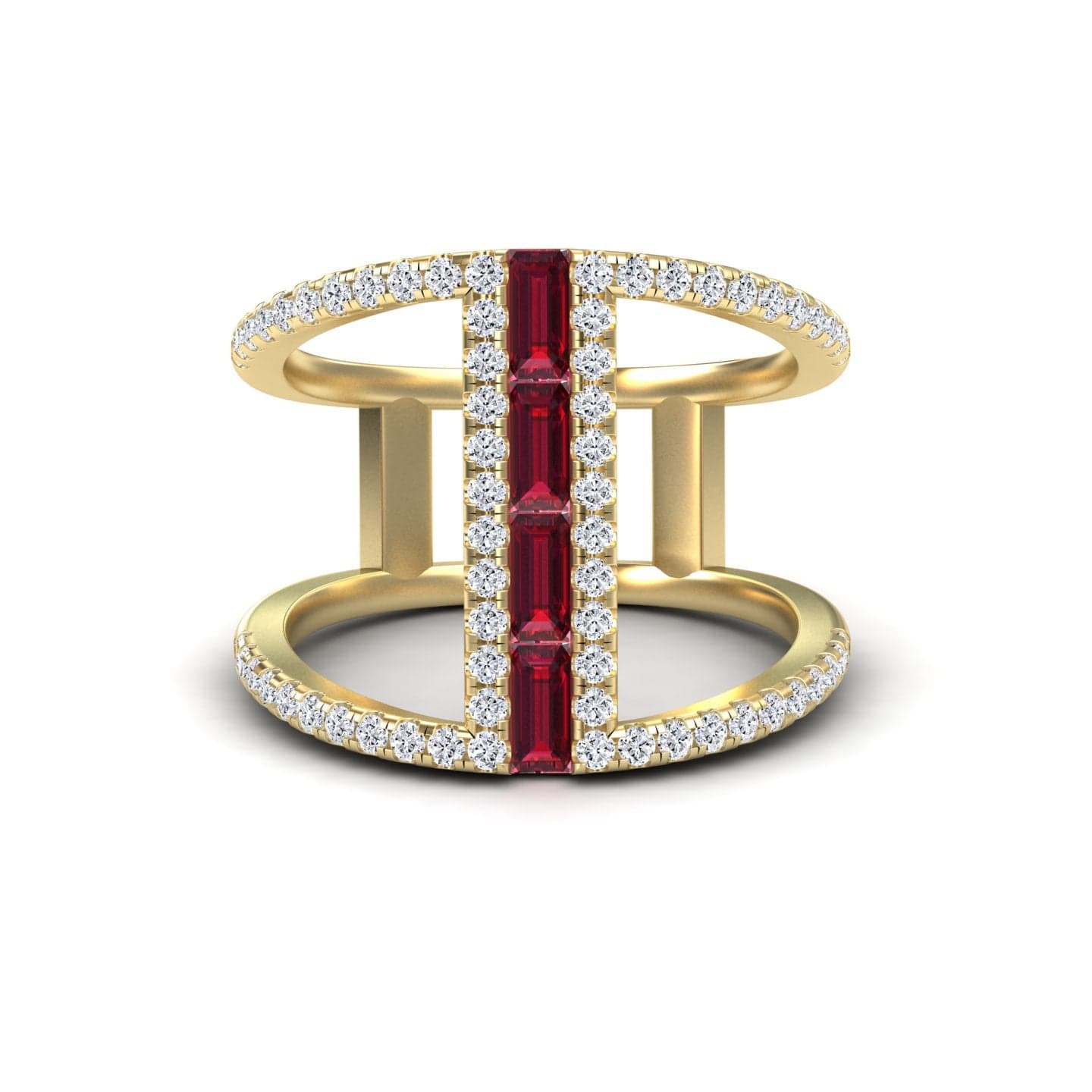 Ruby & Diamond Double Band Open Cuff Ring - Luci