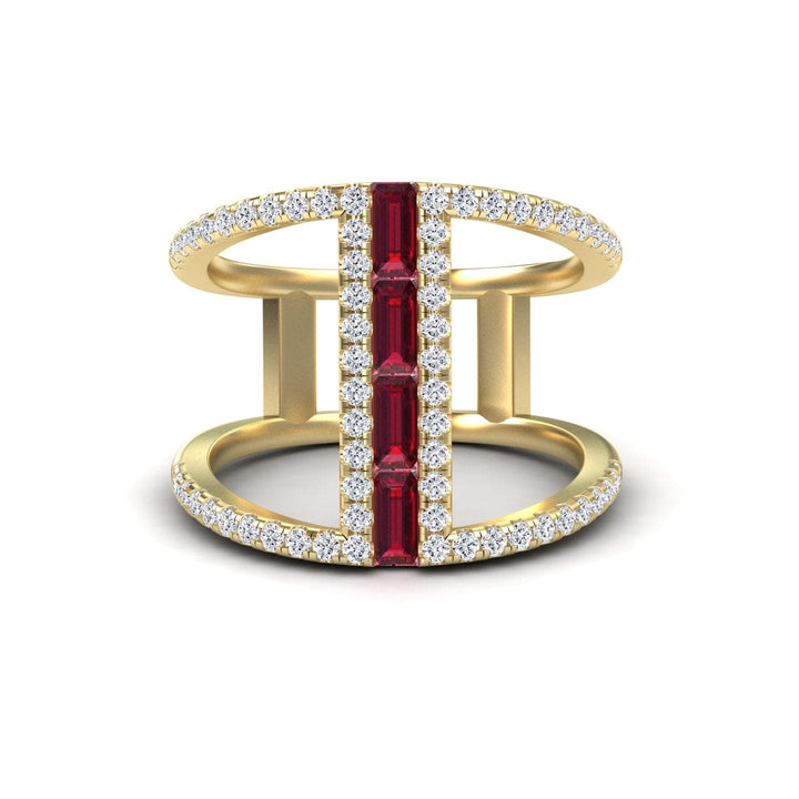 Ruby & Diamond Double Band Open Cuff Ring - Luci