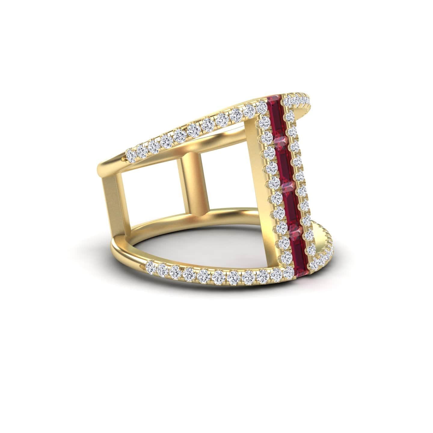 Ruby & Diamond Double Band Open Cuff Ring - Luci