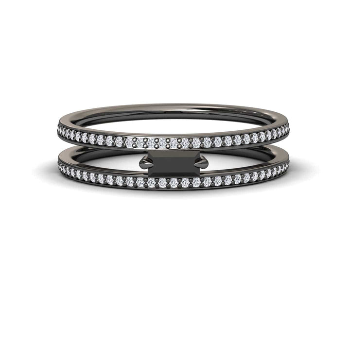 The Black & White Diamond Double Band - Bianca features two sleek black bands lined with white diamonds, joined by a central rectangular bridge for a modern, elegant look.