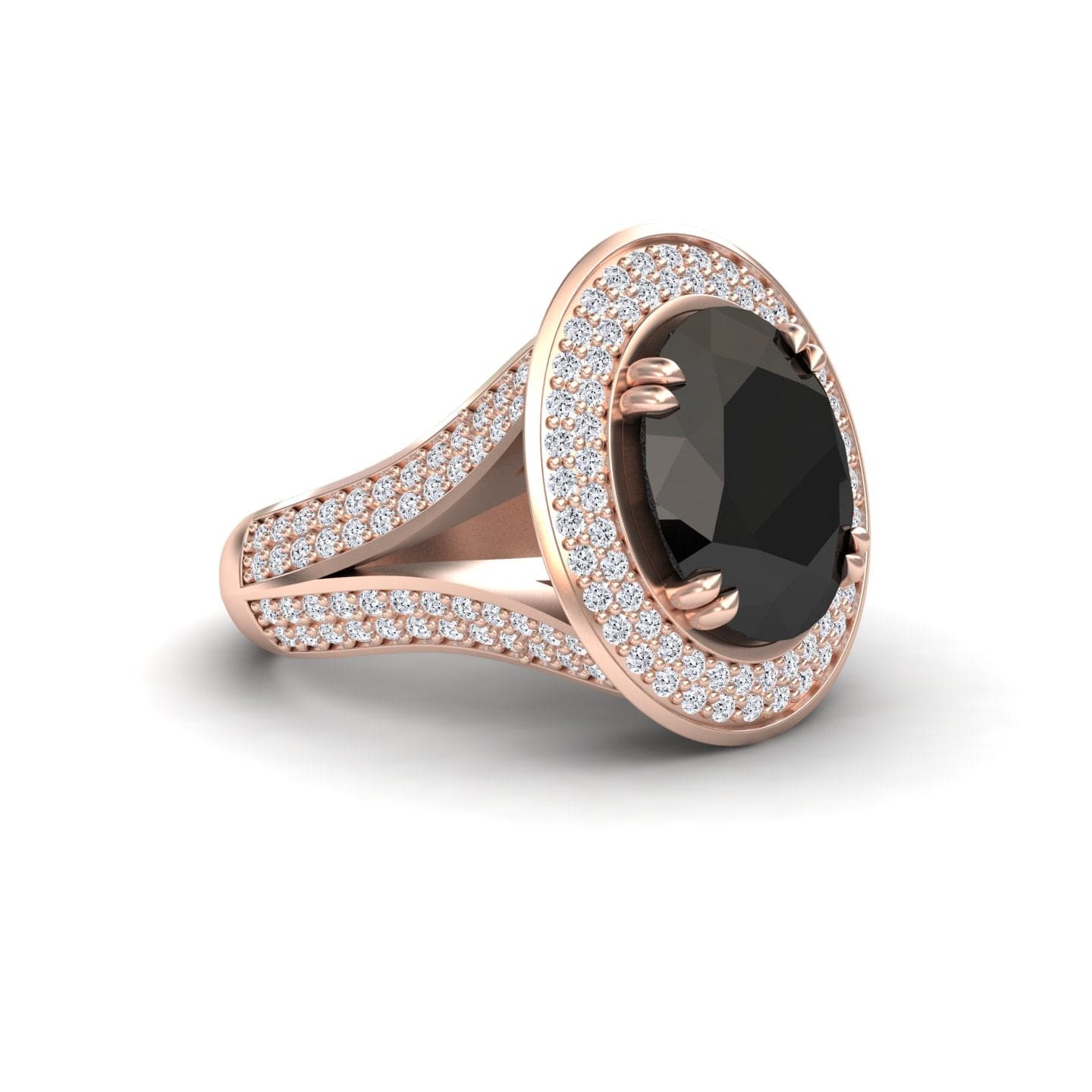 The Black & White Diamond Halo Statement Ring - Roma features a rose gold band, a large round black center gemstone, and two rows of clear diamonds encircling the stone and adorning the split shank.