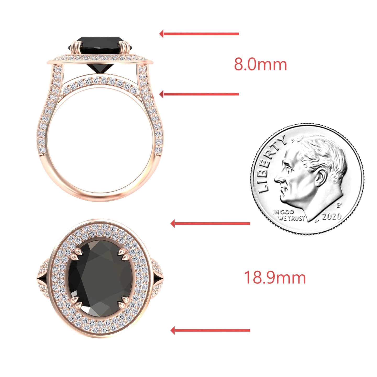 Side and top views of the Black & White Diamond Halo Statement Ring - Roma in rose gold, featuring a large black oval gemstone with diamond accents. Shown beside a US dime for scale; arrows mark its 8.0mm height and 18.9mm width.