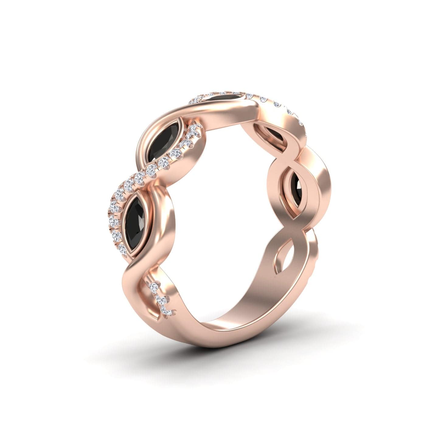 The Selma Black & White Diamond Infinity Twist Band is a rose gold ring with marquise black stones and round white diamonds set along its elegant twist design.