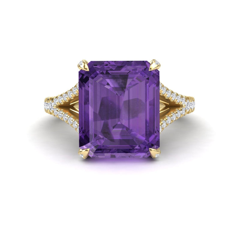 The Amethyst & Diamond Cocktail Ring - Ziya features a large rectangular purple amethyst center stone set in gold, with sparkling diamonds accenting the split shank band.