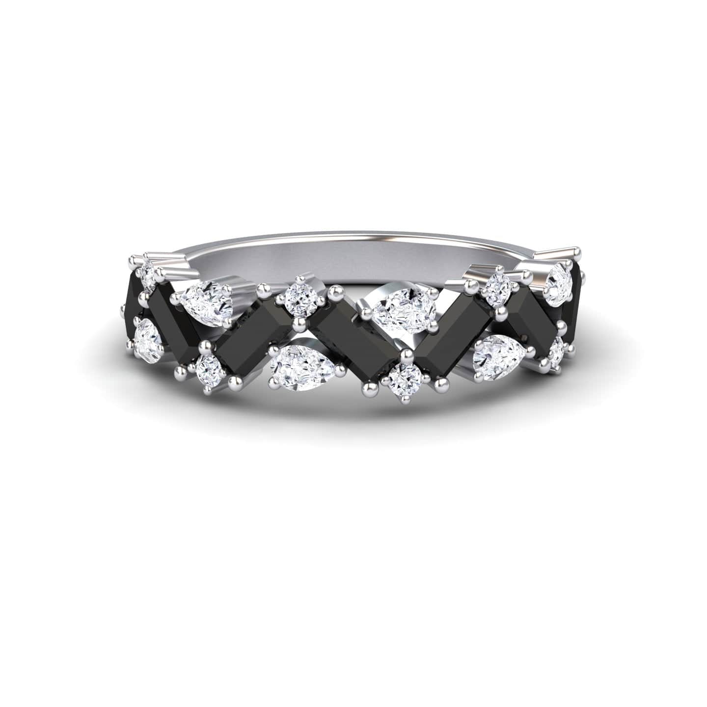 The Black & White Diamond Zigzag Eternity Band - Aimee features a silver design with alternating rectangular black stones and round and marquise-cut clear stones in a striking crisscross pattern.