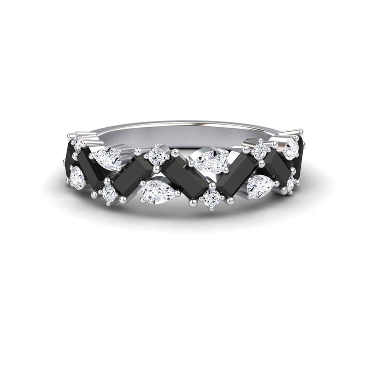 The Black & White Diamond Zigzag Eternity Band - Aimee features a silver design with alternating rectangular black stones and round and marquise-cut clear stones in a striking crisscross pattern.