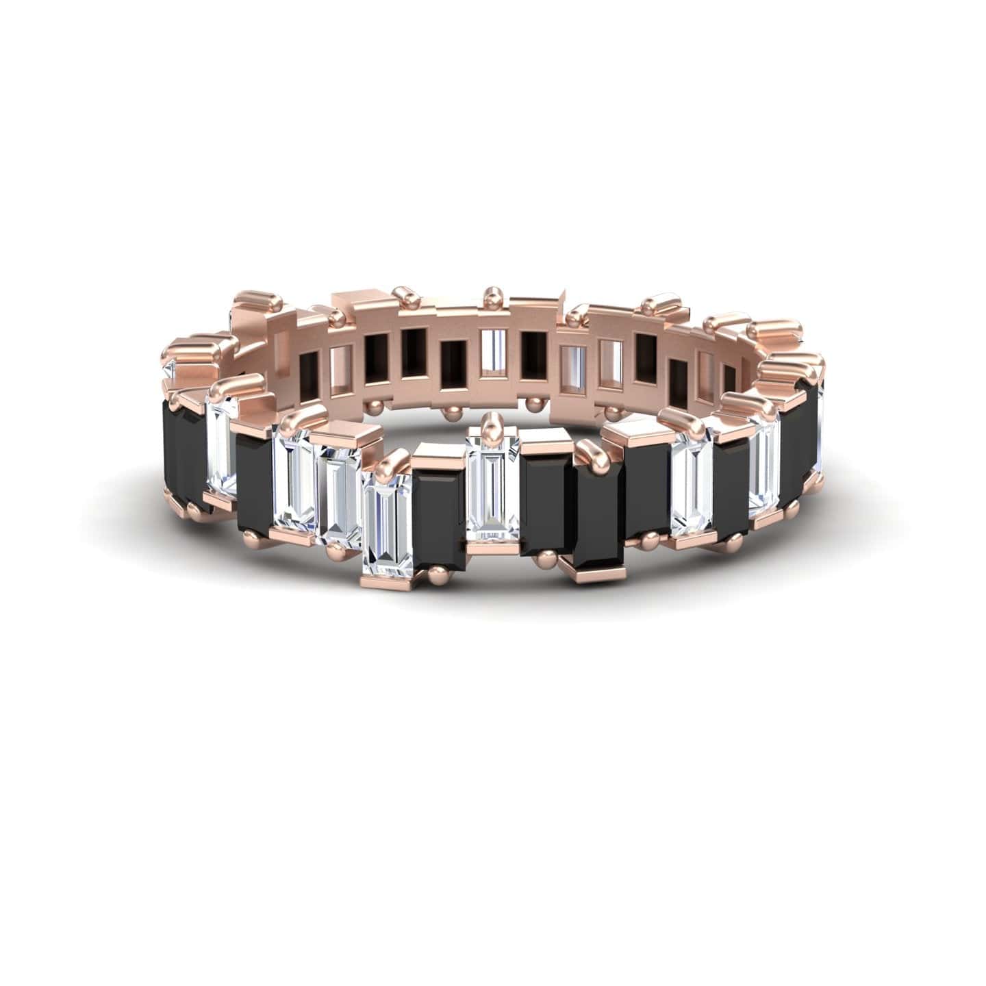 The Black & White Diamond Classic Eternity Band - Samantha is a rose gold ring with alternating rectangular black and clear gemstones set in a continuous pattern, shown against a white background.