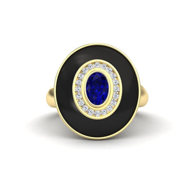 Blue Sapphire & Diamond Black Enamel Halo Ring